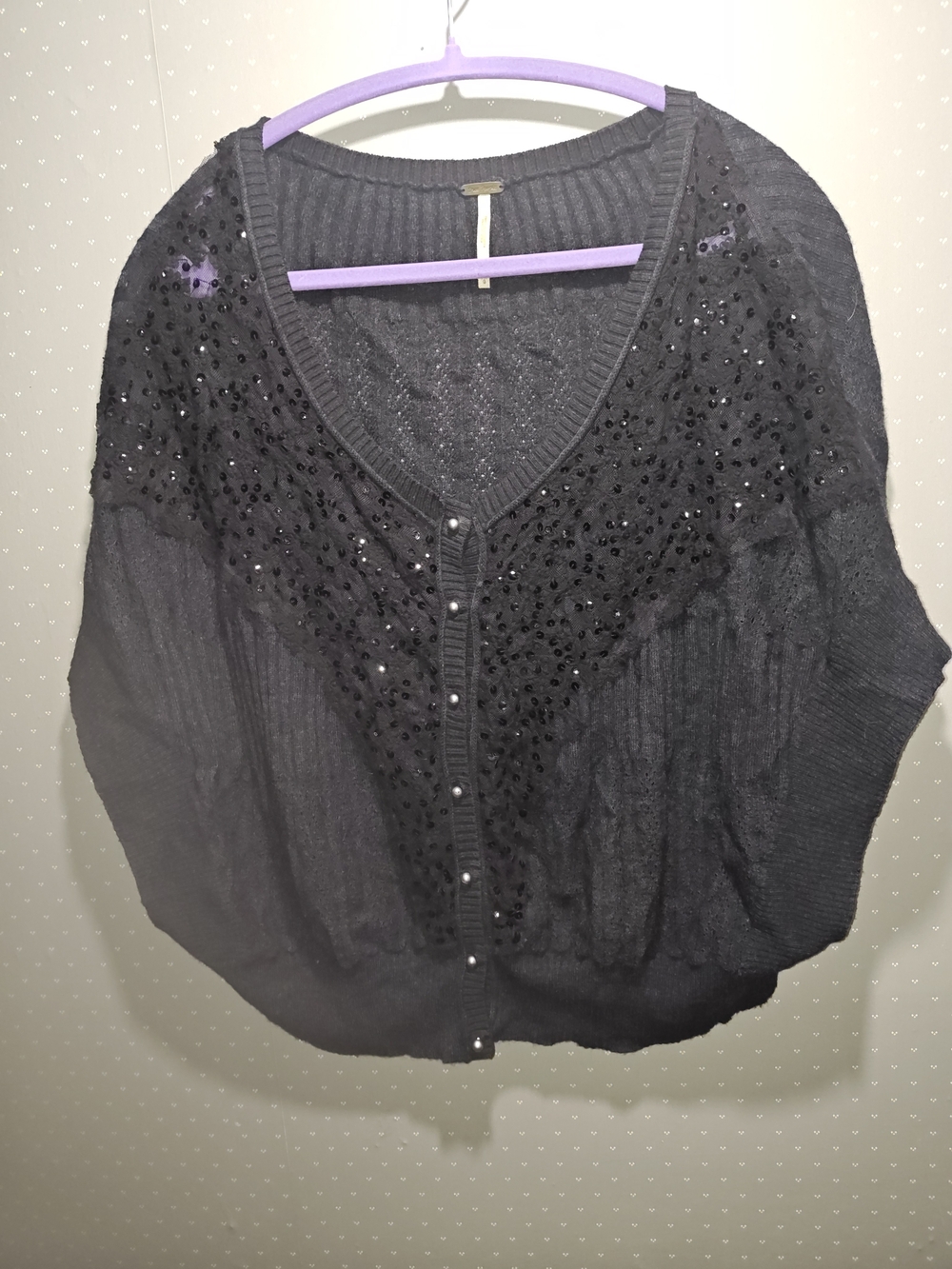 Free People Black Sequin V-Neck Button-Front Cardigan